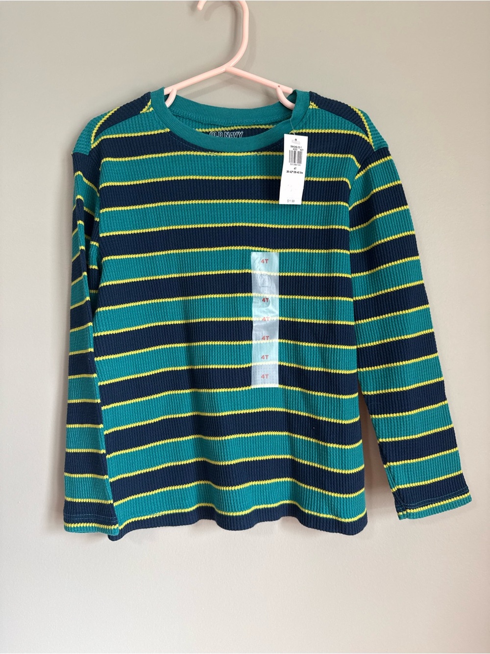 Old Navy Ribbed Long-Sleeve Tee in Teal, Navy & Yellow Stripes Size 4T NWT